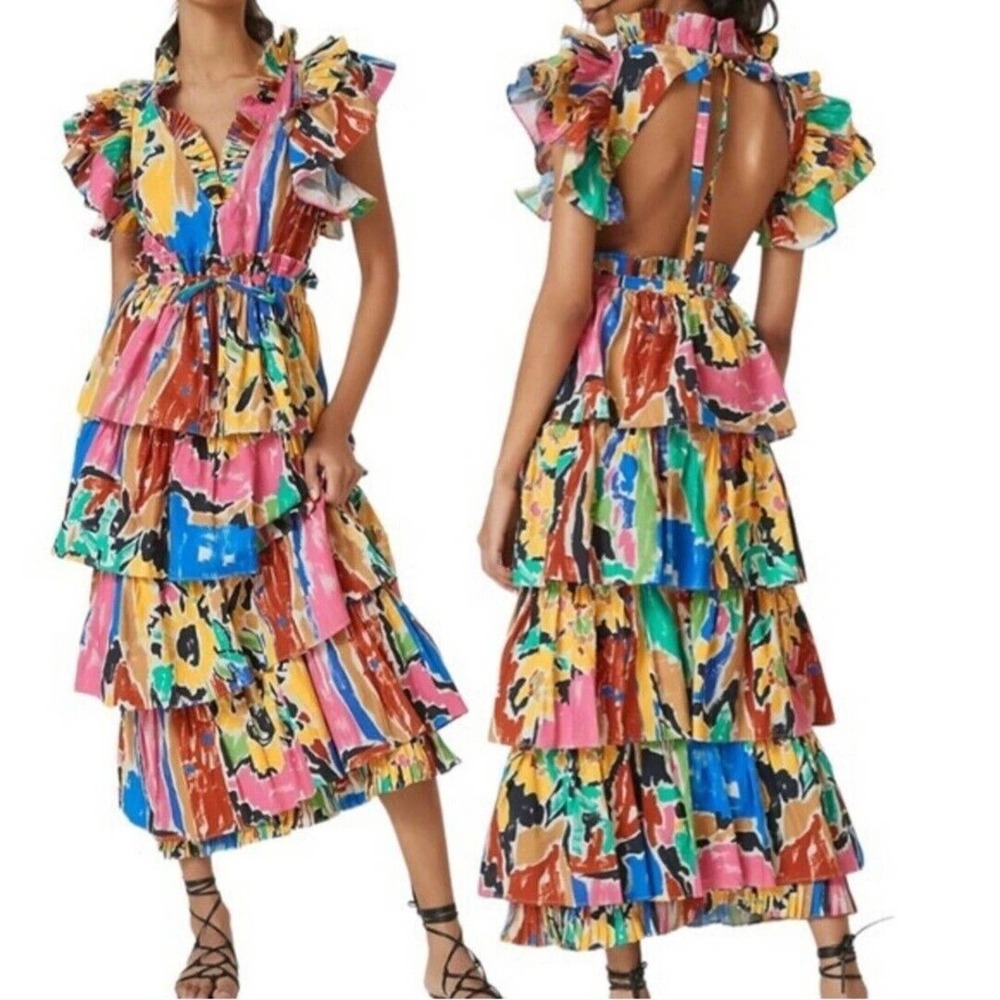 Love The Label Womens Dress Penelope Print Tiered Ruffle Prairie Maxi Anthro S - Picture 1 of 12